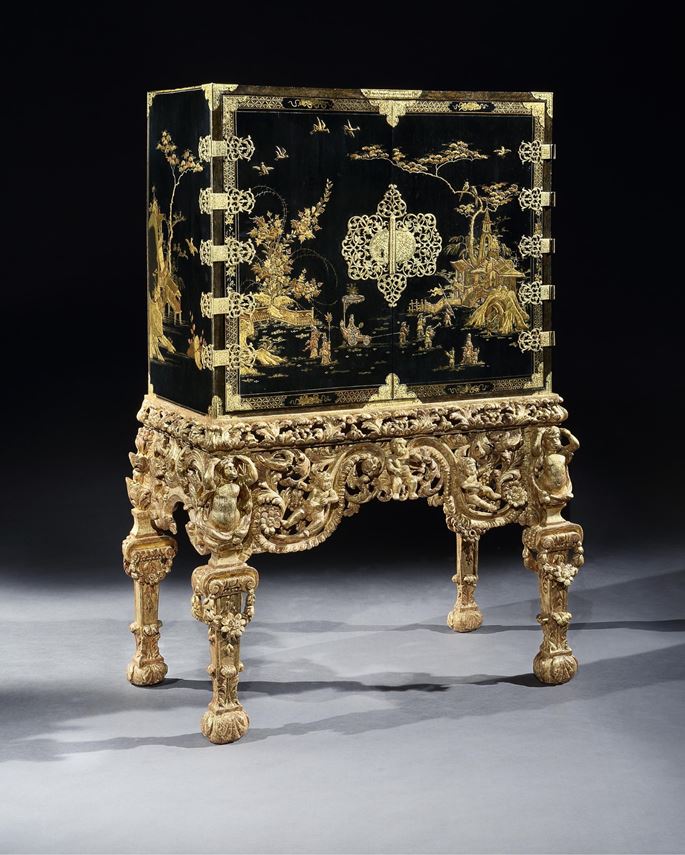 A Charles II black japanned cabinet on giltwood stand | MasterArt